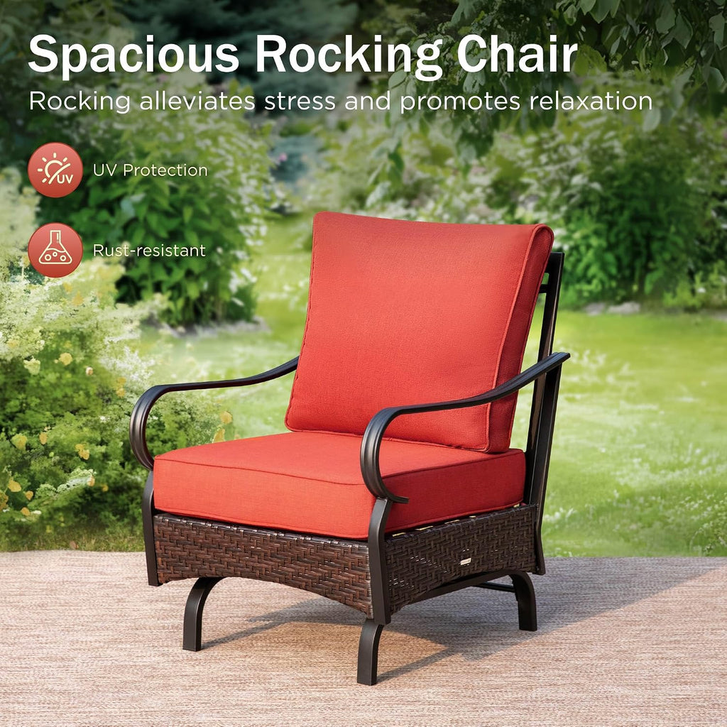 PHI VILLA Outdoor Modern Patio Furniture Set, Upgraded Wicker & Metal Patio Conversation Set with Waterproof Thick Cushions for Porch, Poolside, Yard(5 Pieces,Red)