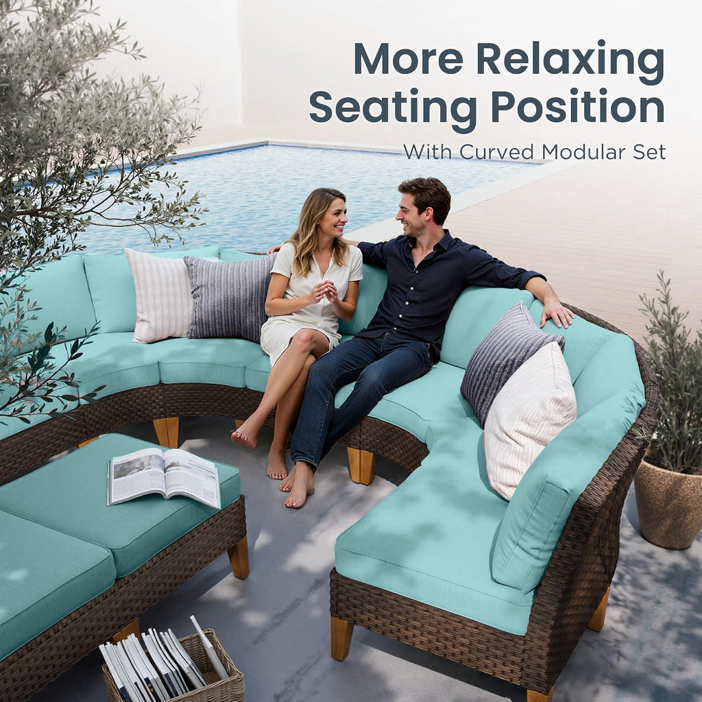 PHI VILLA Half Moon Patio Furniture Set with 56' Fire Pit Table, Outdoor Curved Wicker Sectional Sofa with Cushions and Ottomans, Aqua Blue