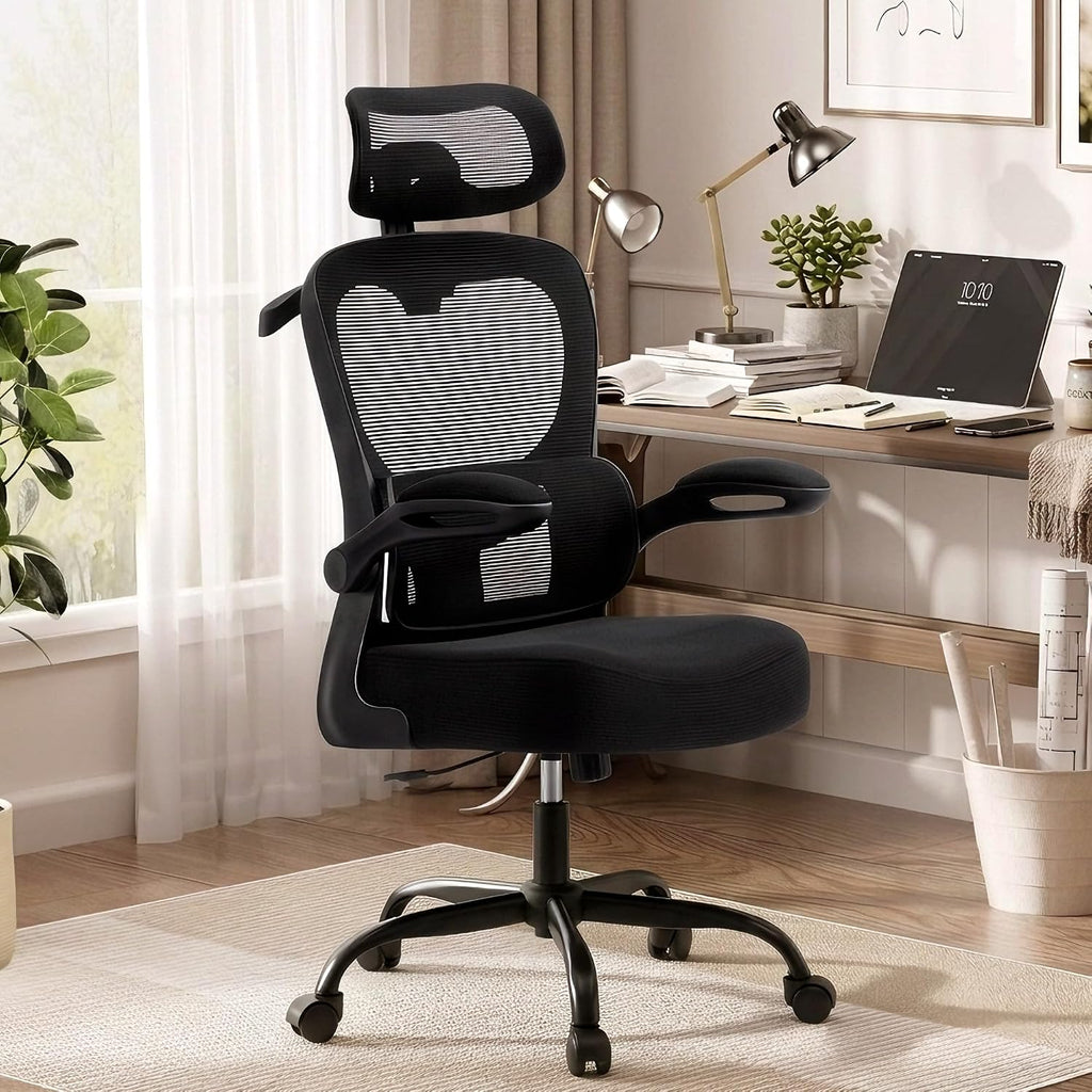 AreShark Office Chair-Ergonomic Desk Chair with Hidden Hanger & Flip-Up Arms, High Back Mesh Computer Chair with 2D Headrest & Adjustable Lumbar, Comfy Rolling Task Chair for Home Work Gaming, Black