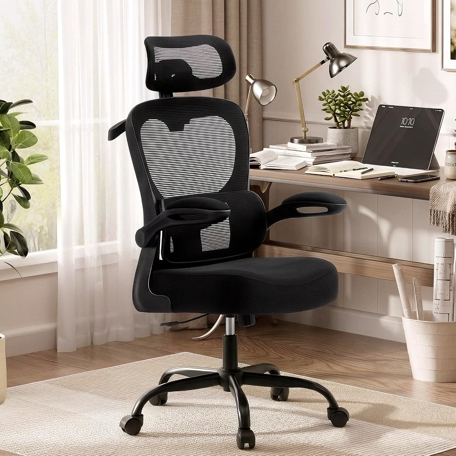 AreShark Office Chair-Ergonomic Desk Chair with Hidden Hanger & Flip-Up Arms, High Back Mesh Computer Chair with 2D Headrest & Adjustable Lumbar, Comfy Rolling Task Chair for Home Work Gaming, Black