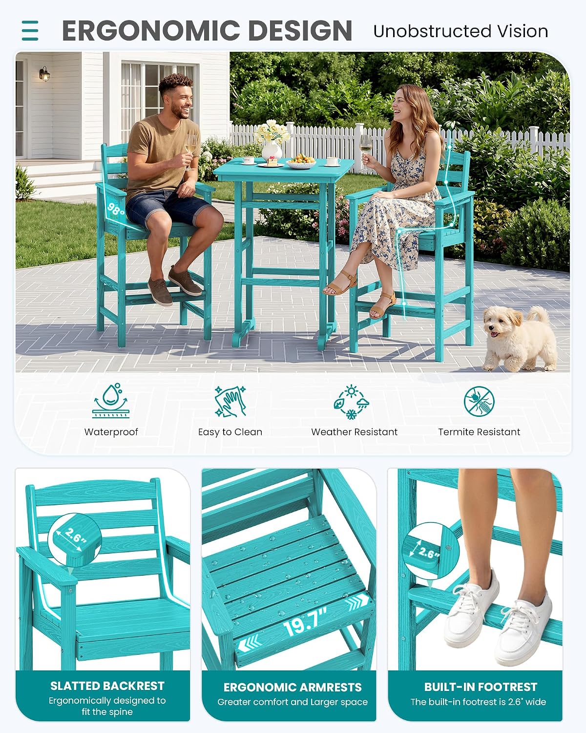 SERWALL 5 Pieces Adirondack Bar Chairs Set, HDPE Outdoor Barstool Furniture, Aruba