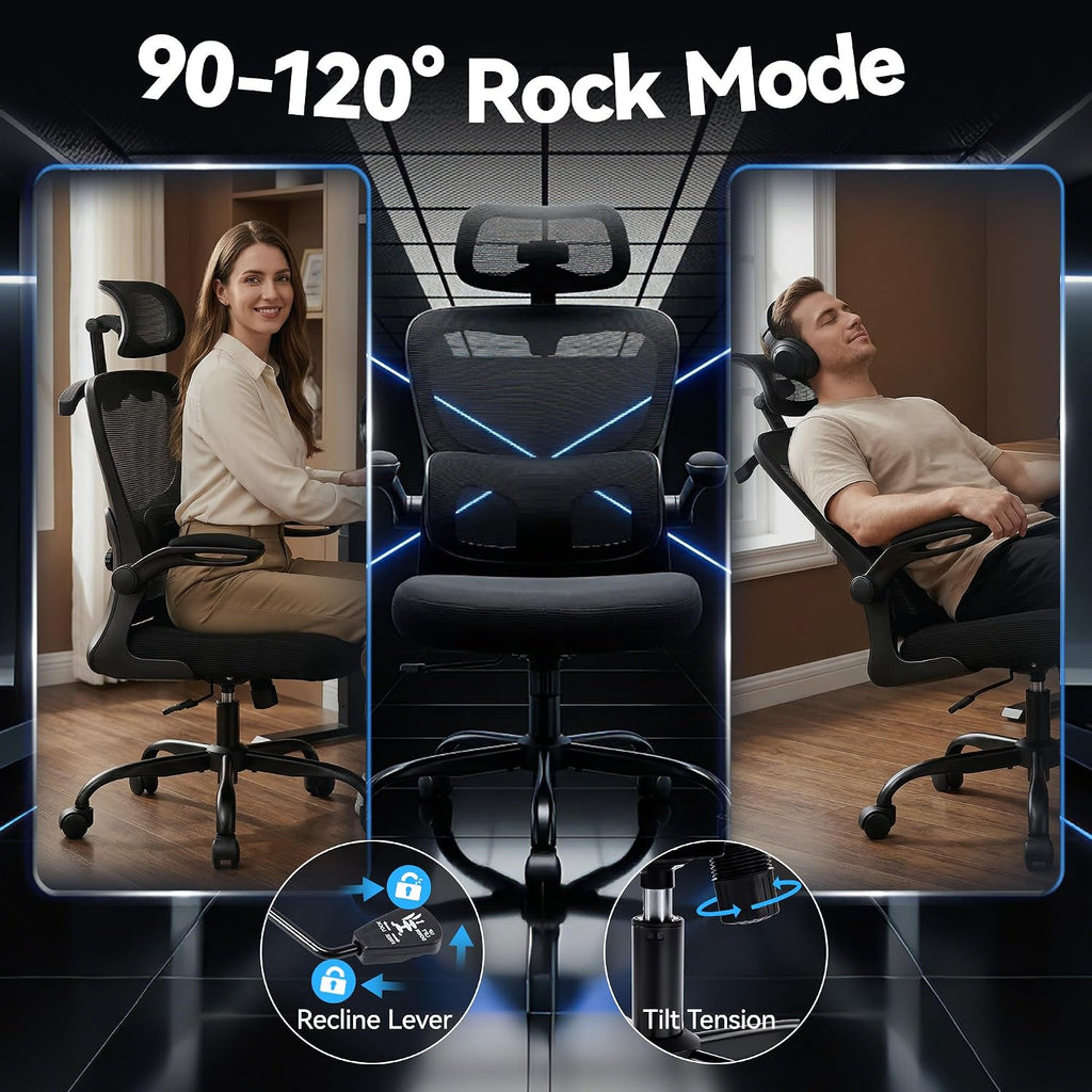 AreShark Office Chair-Ergonomic Desk Chair with Hidden Hanger & Flip-Up Arms, High Back Mesh Computer Chair with 2D Headrest & Adjustable Lumbar, Comfy Rolling Task Chair for Home Work Gaming, Black
