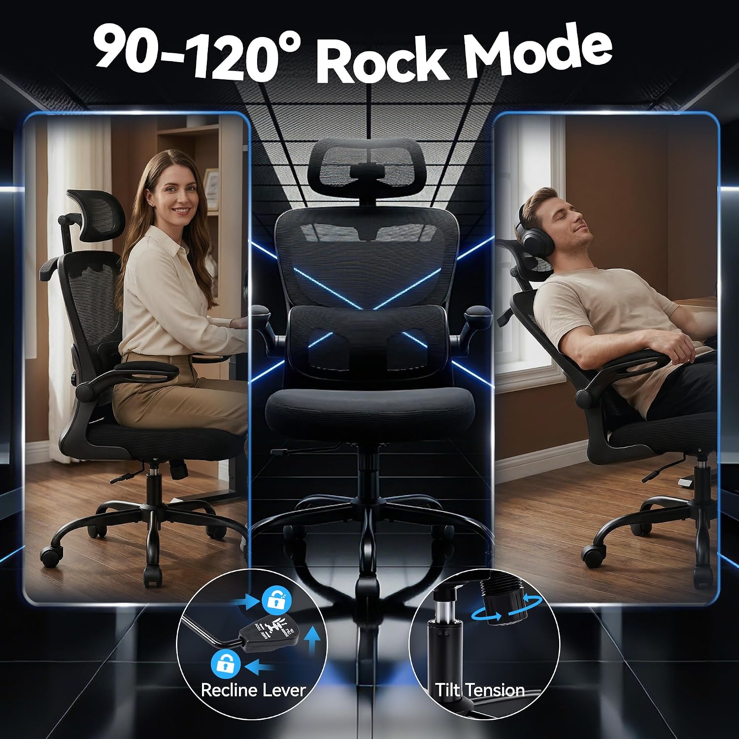 AreShark Office Chair-Ergonomic Desk Chair with Hidden Hanger & Flip-Up Arms, High Back Mesh Computer Chair with 2D Headrest & Adjustable Lumbar, Comfy Rolling Task Chair for Home Work Gaming, Black
