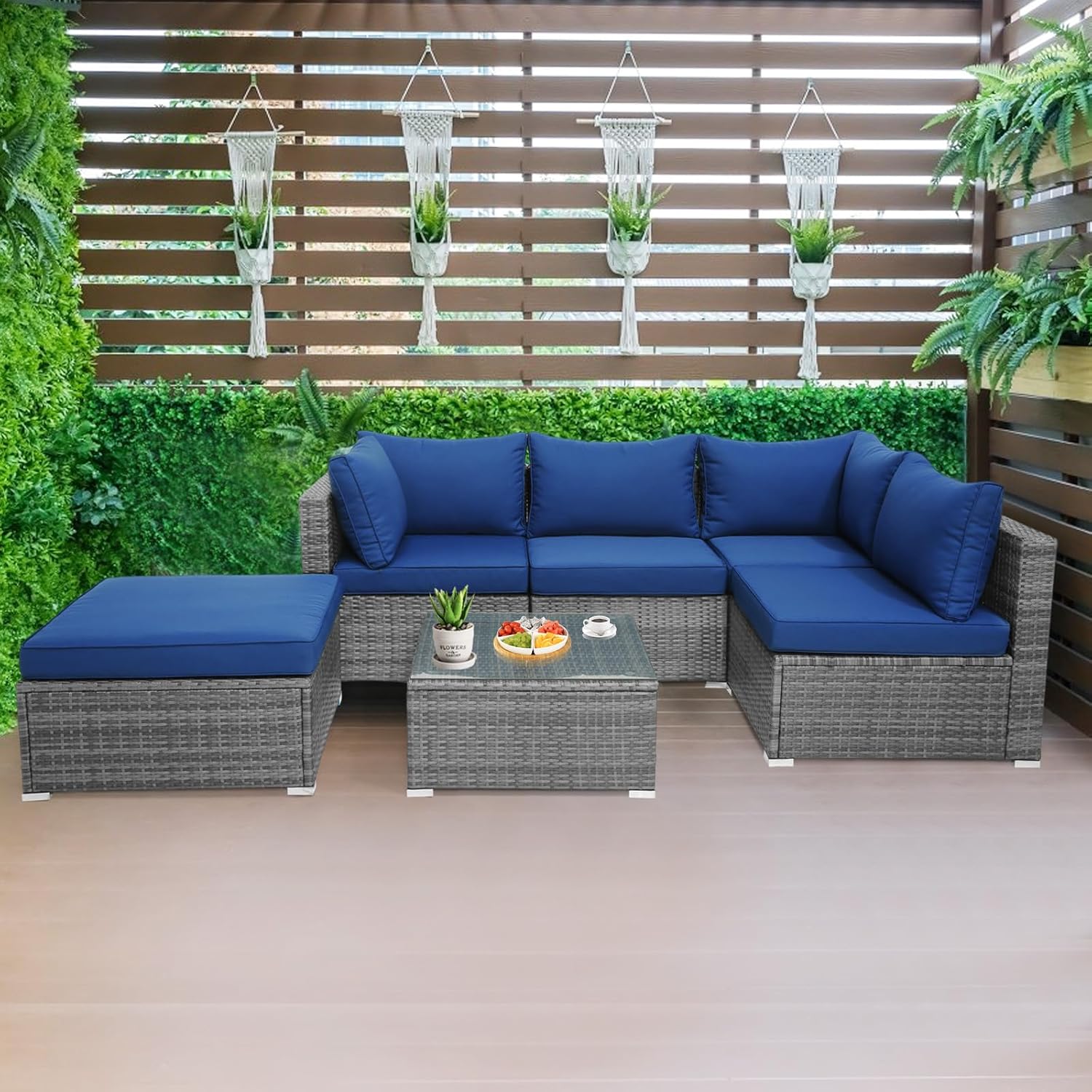Tangkula 6 Pieces Sectional Patio Furniture Set, Weather Resistant Heavy Duty Outdoor Modular Sofa Set with Soft Padded Cushions, Tempered Glass Coffee Table, for Deck, Garden, Lawn, Poolside (Navy)