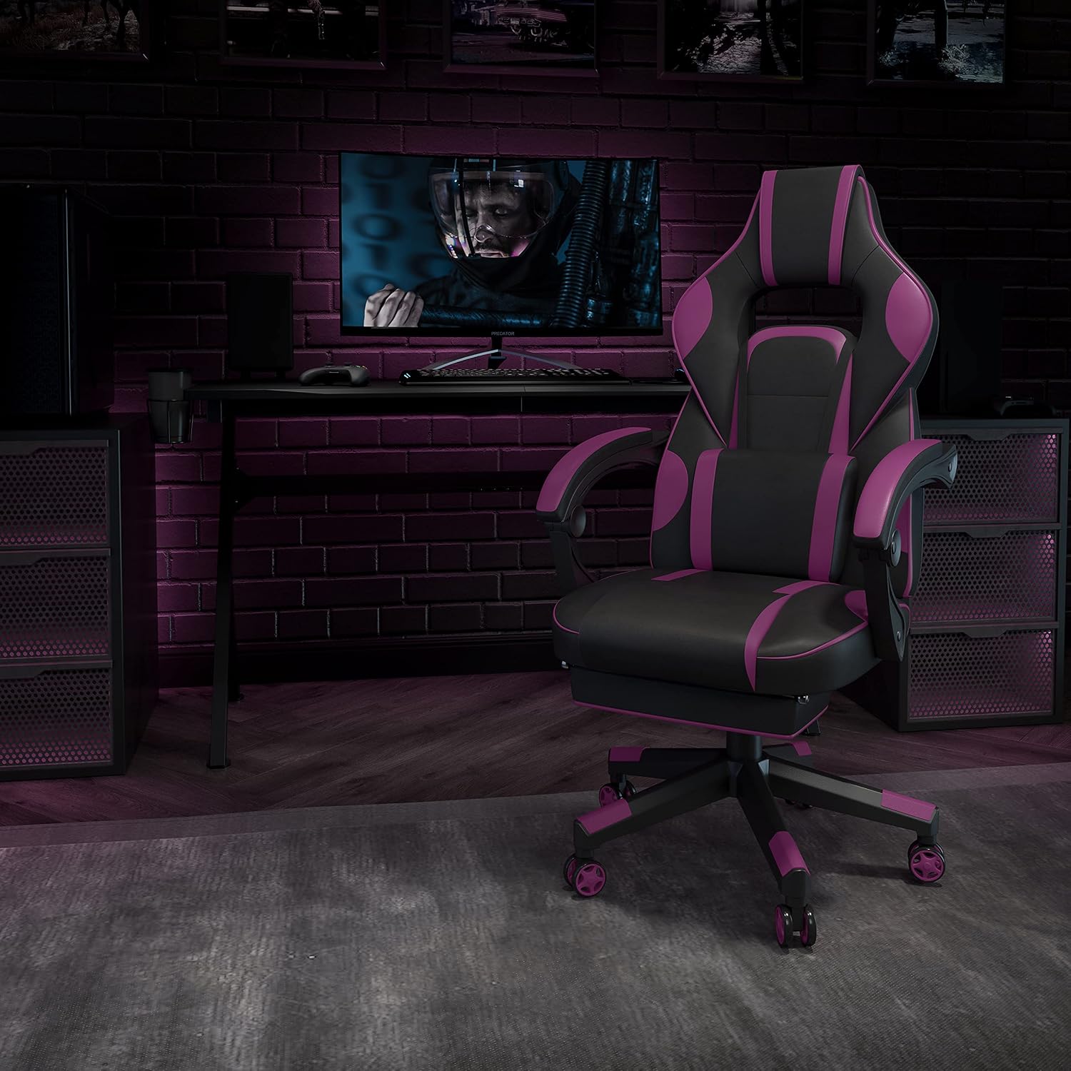 EMMA + OLIVER Black/Purple Ergonomic Gaming Chair -Recline Back/Arms, Footrest, Massaging Lumbar