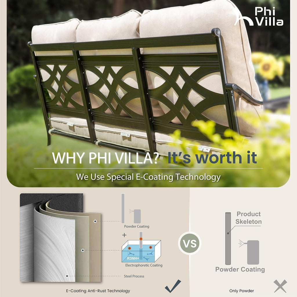 PHI VILLA Extra Large Metal Patio Furniture Sets, All-Weather Steel Frame Heavy Duty Patio Conversation Sets for Backyard, Porch and Garden