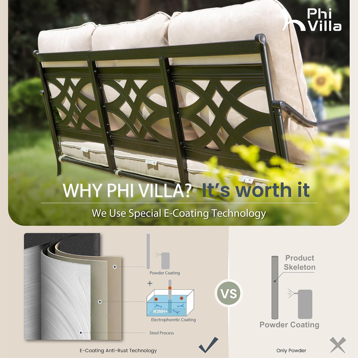 PHI VILLA Extra Large Metal Patio Furniture Sets, All-Weather Steel Frame Heavy Duty Patio Conversation Sets for Backyard, Porch and Garden