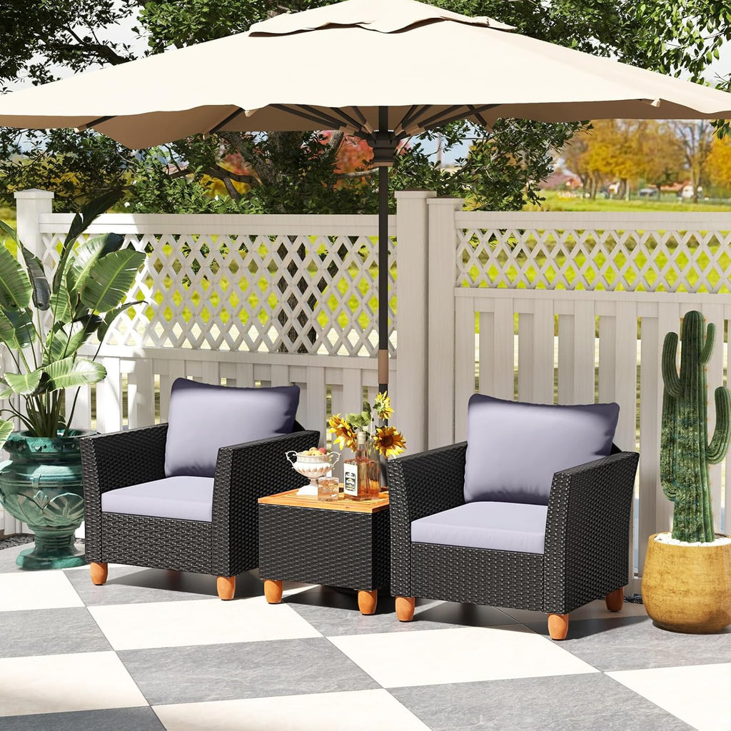 Tangkula 3 Pieces Patio Porch Furniture Set, PE Rattan Wicker Chair Conversation Set with Cushions and Storage Table, Outdoor Acacia Wood Bistro Set for Garden, Poolside (Grey)