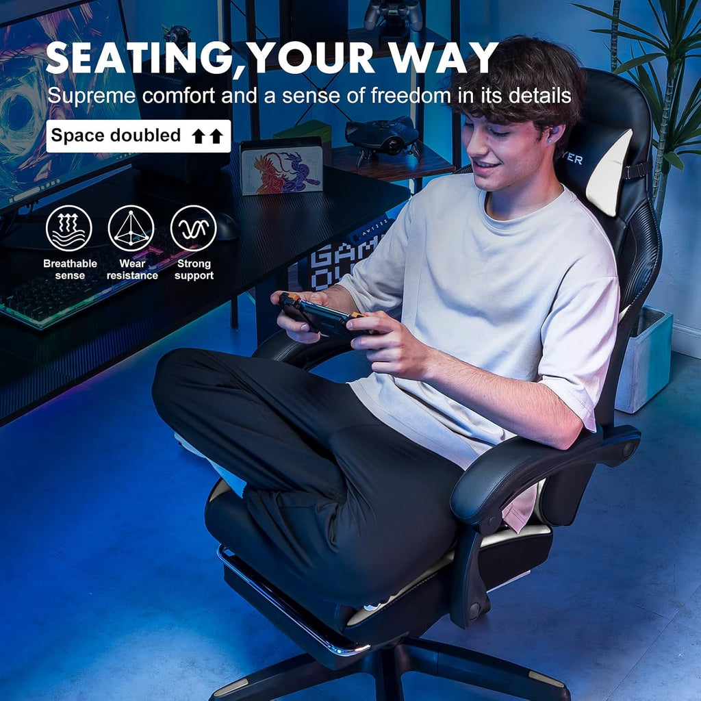 GTPLAYER Gaming Chair, High Back Leather Computer Gaming Chair with Footrest, Ergonomic Height Adjustable Office Chair with Removable Cover and Lumbar Support for Gaming and Work (White)
