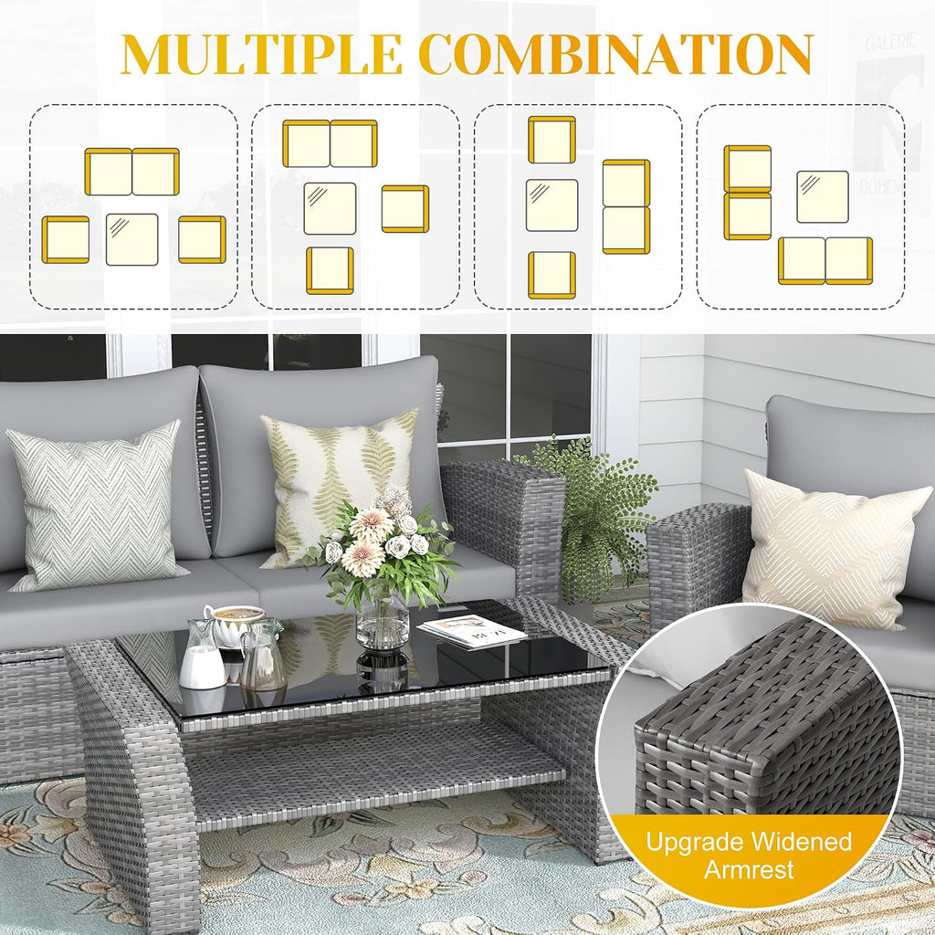 FansaFurn 4-Piece Outdoor Patio Furniture Set, All Weather Wicker Rattan Sectional Sofa Conversation Seating Set with Cushions & Large Glass Coffee Table, Ideal for Garden Backyard Porch, Grey