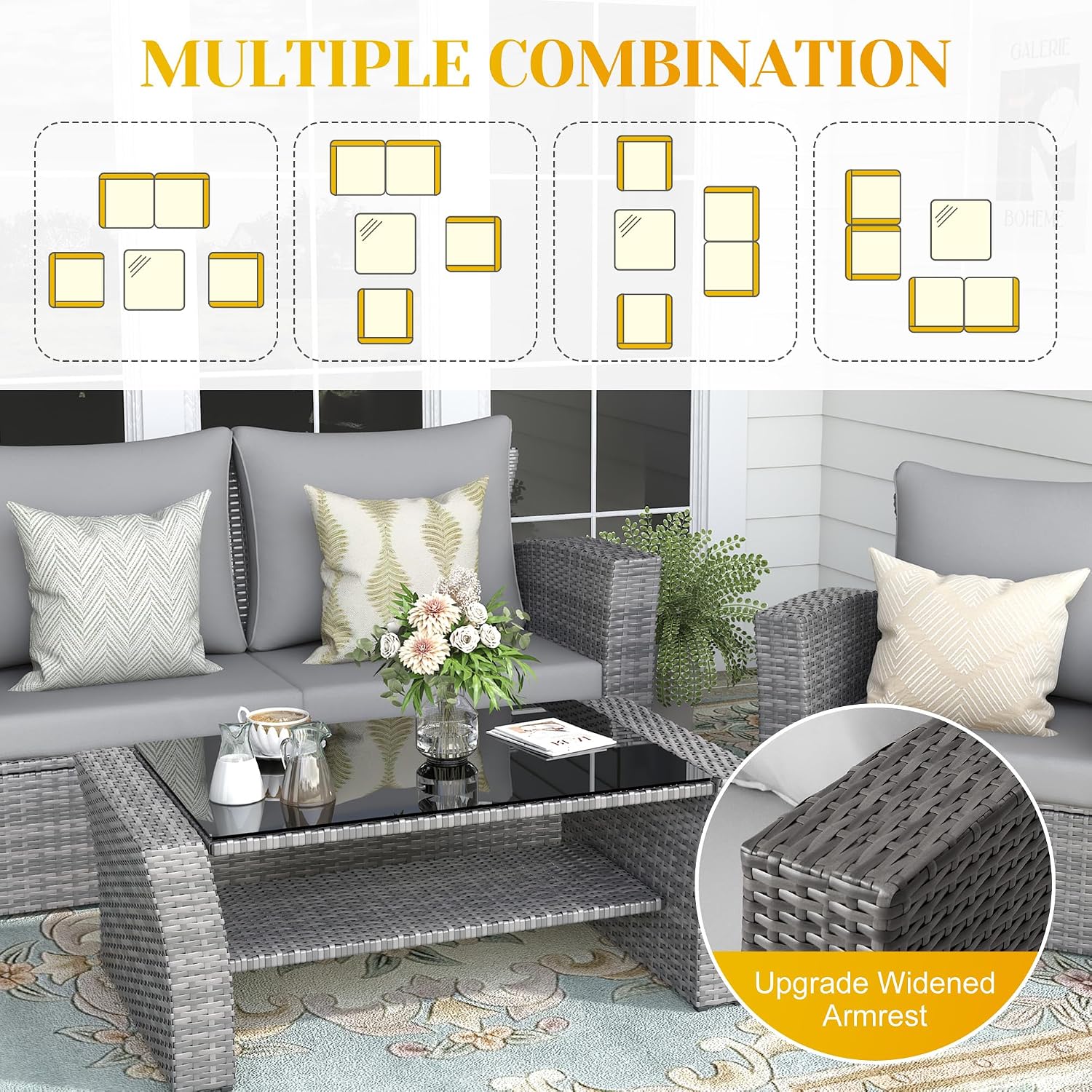 FansaFurn 4-Piece Outdoor Patio Furniture Set, All Weather Wicker Rattan Sectional Sofa Conversation Seating Set with Cushions & Large Glass Coffee Table, Ideal for Garden Backyard Porch, Grey