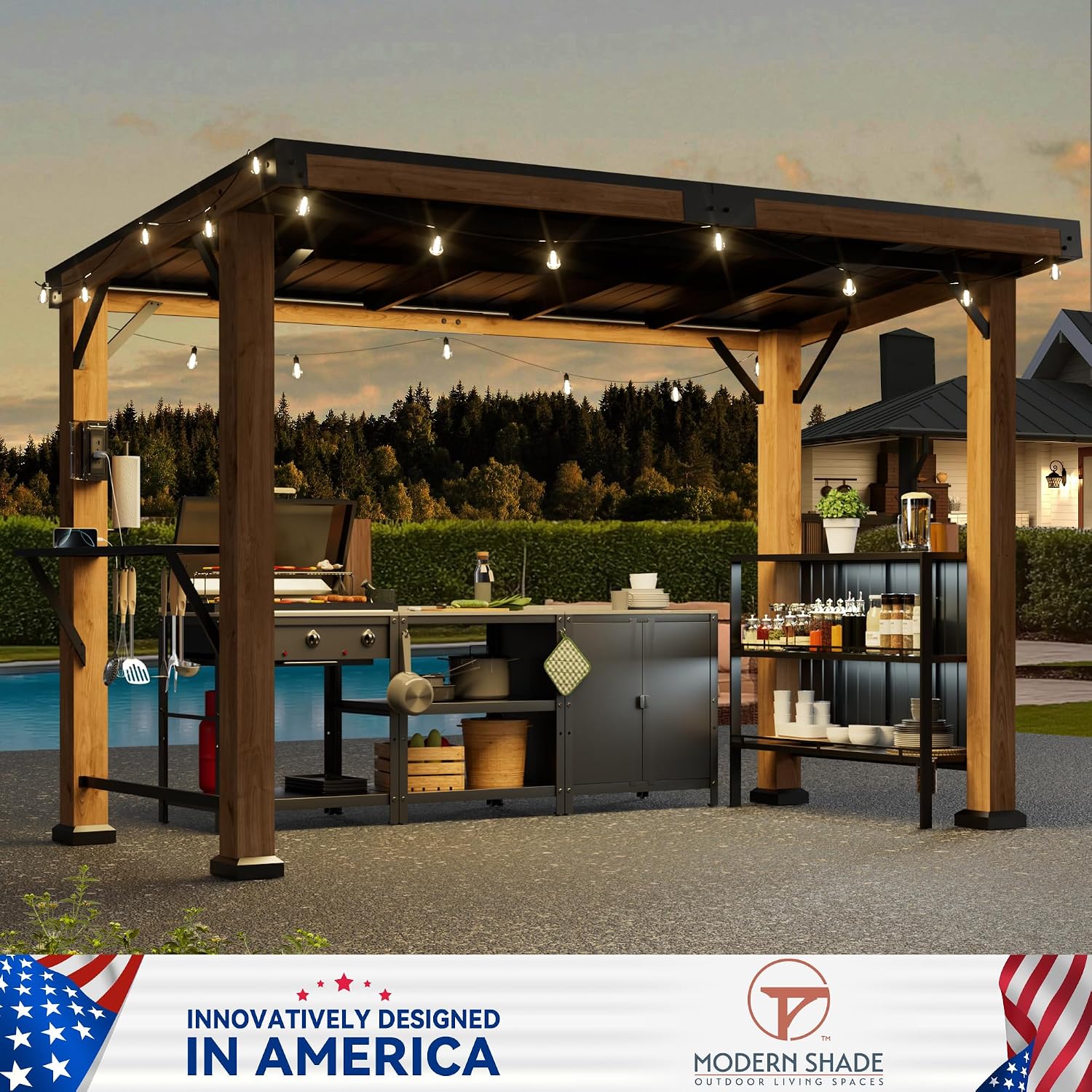 Modern Shade Woodberry Grill Gazebo 6' X 12', Cedar Wood Gazebo with Dual bar Tops & Shelves, Patio Bar with Galvanized Steel Roof, Outdoor Pavilion with USB and USB-C Charging Ports for Backyard