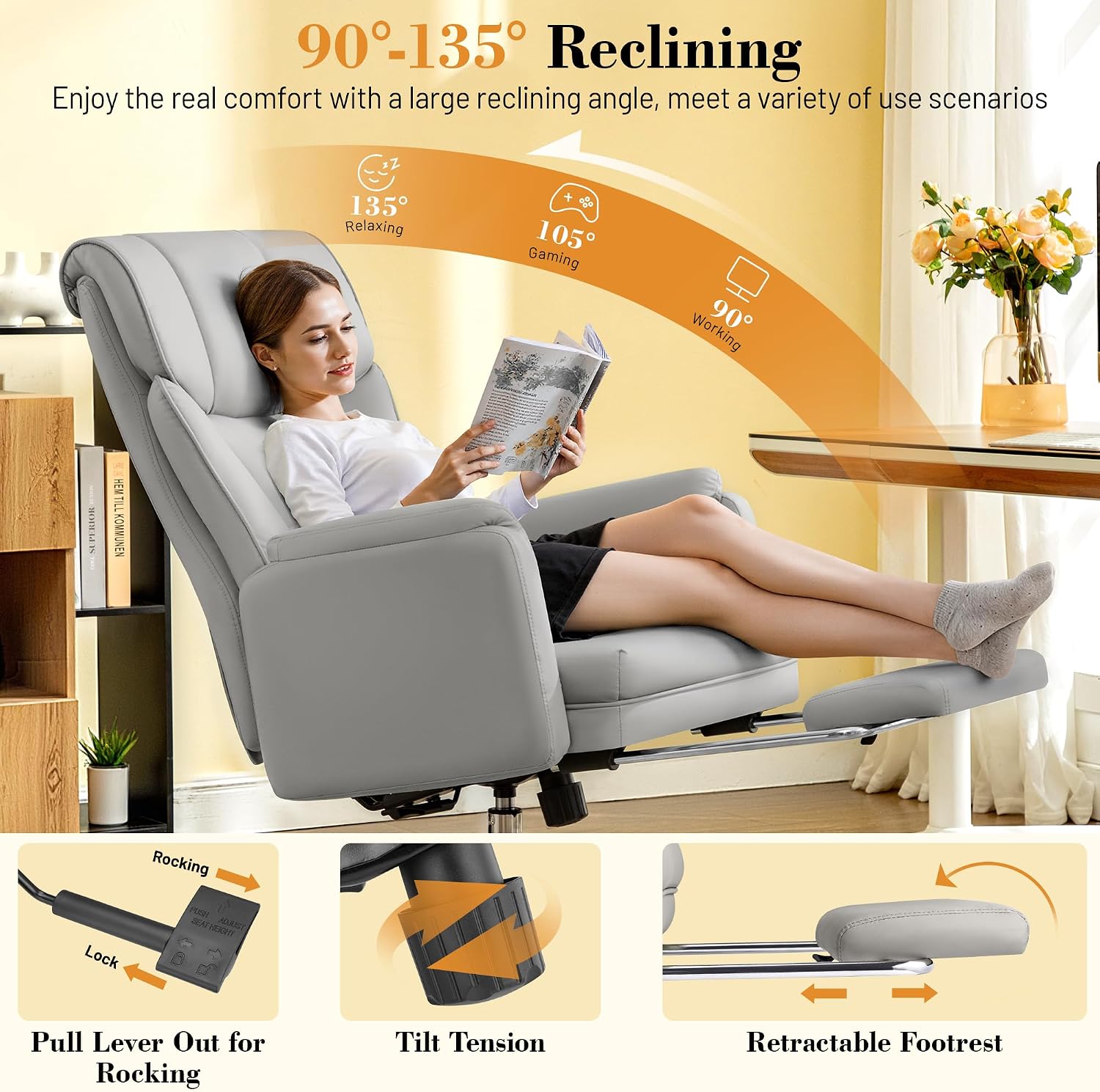 FelixKing Big and Tall Office Chair, 400LBS Wide Leather Executive Chair, Reversible Armrest for Pets Criss Cross Legged, 135° Reclining High Back Gaming Desk Chair with Lumbar Support Footrest, Gray