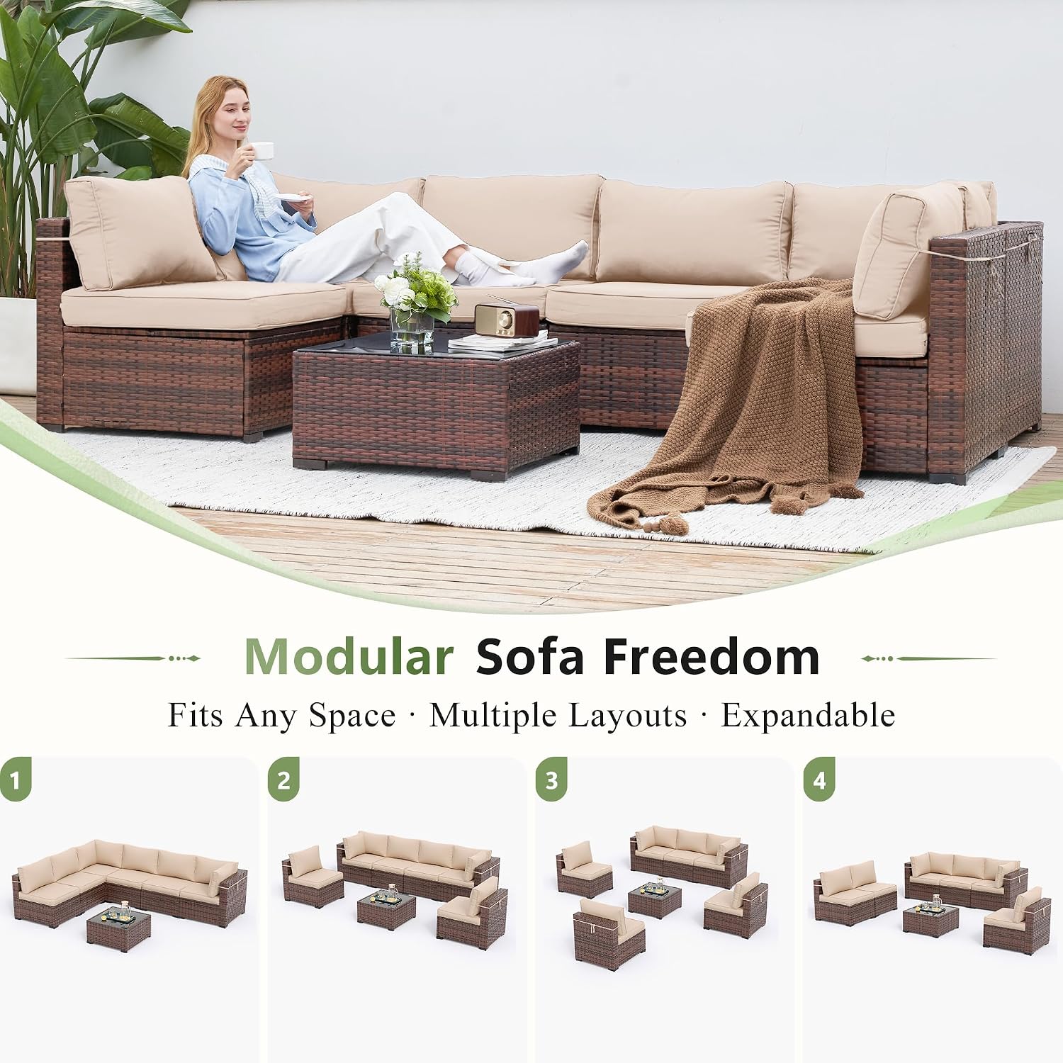 Amopatio Outdoor Patio Furniture Set 7 Pieces Patio Conversation Set Sectional Couch Sofa with All-Weather Cover, Glass Table & Thicken Cushion Fits Garden Yard Porch