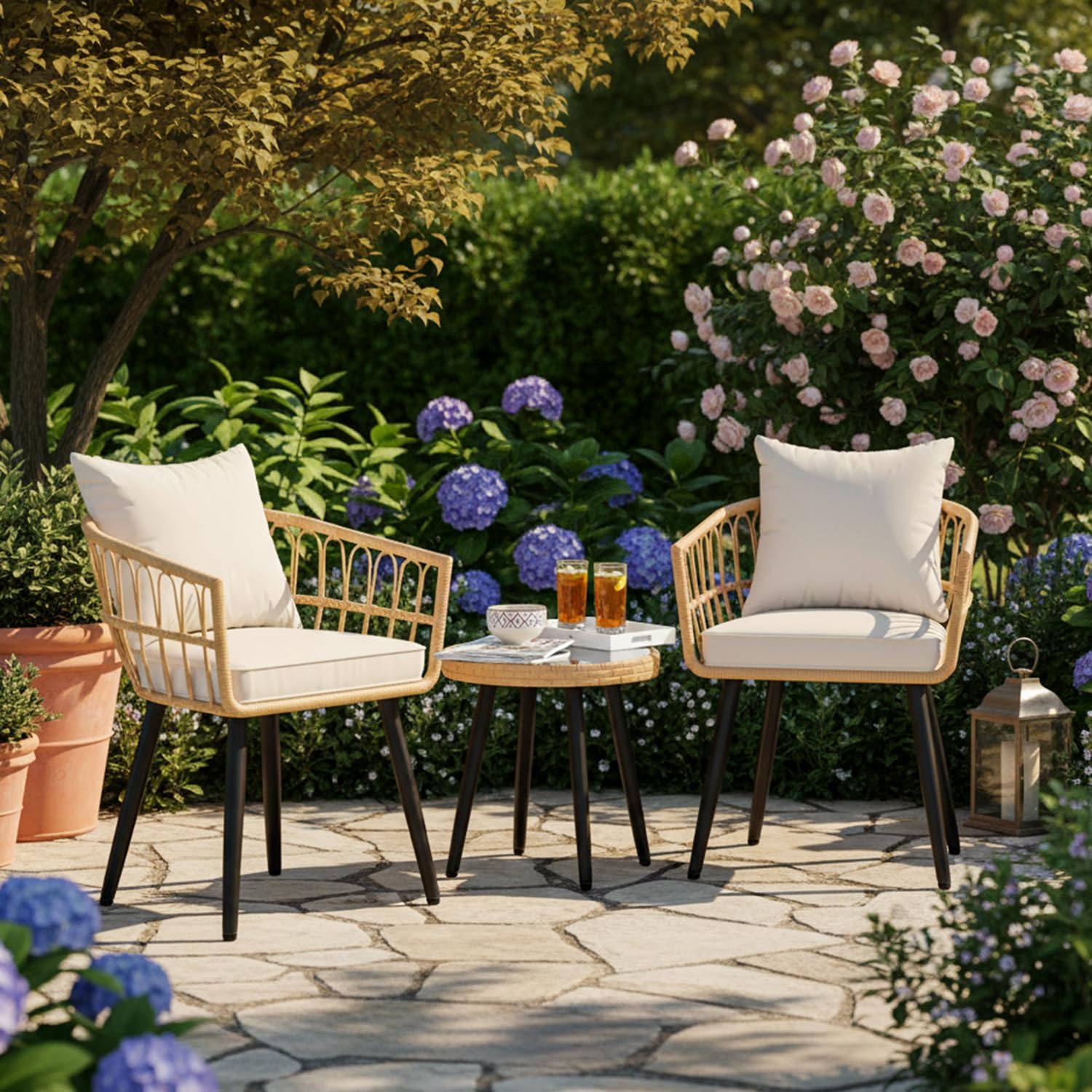 FHFO 3 Piece Outdoor Patio Bistro Set, Wicker Table and Chairs Set of 2, All-Weather Rattan Balcony Furniture Set for Patio Front Porch Apartment, Natural/Beige