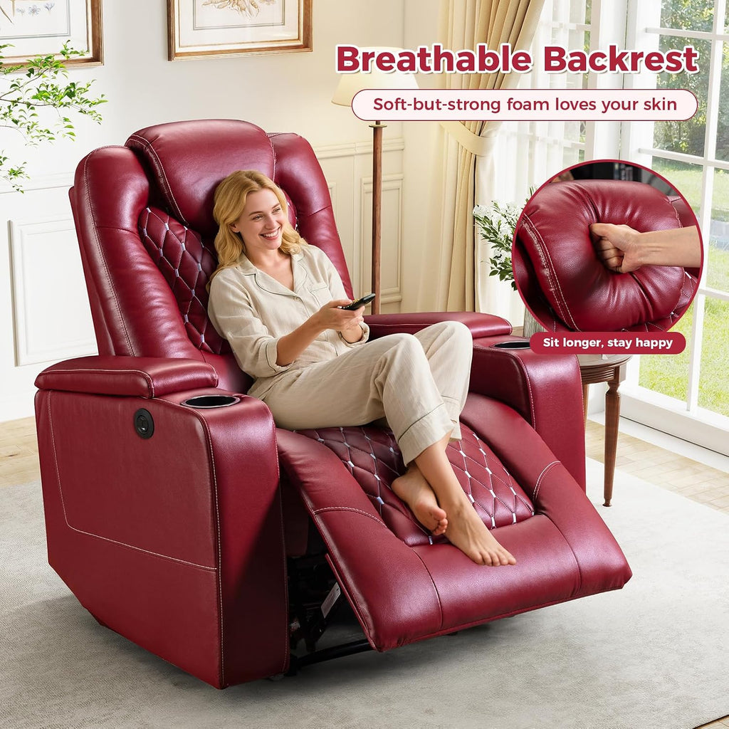 ANJ Power Recliner Chair Set of 4, Electric Soft Faux Leather Reclining Home Theater Seating - USB Ports, Cup Holders, Hidden Arm Storage Movie & Media Room Chairs (Red)