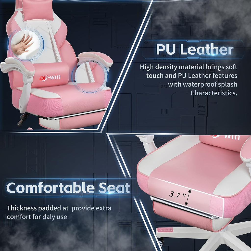 DL-win Video Gaming Chairs for Adults, Gamer Chair with Footrest, High Back, Big and Tall Gamer Chair's with Massage Lumbar Support, 360° Swivel Height Adjustable Computer Chaires, Pink
