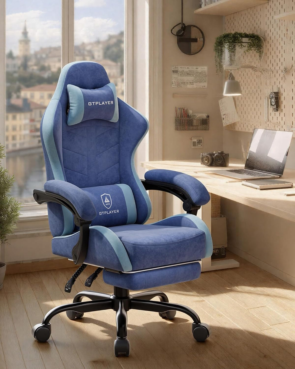 GTPLAYER Gaming Chair with Footrest, Computer Gaming Chair for Adults and Kids, Height Adjustable Gamer Chair with 90-155° Recline & Removable Headrest Lumbar Support,Performance Fabric Blue