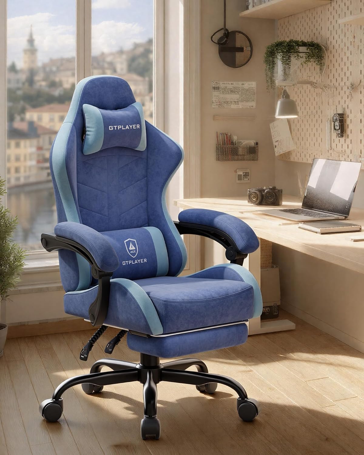 GTPLAYER Gaming Chair with Footrest, Computer Gaming Chair for Adults and Kids, Height Adjustable Gamer Chair with 90-155° Recline & Removable Headrest Lumbar Support,Performance Fabric Blue