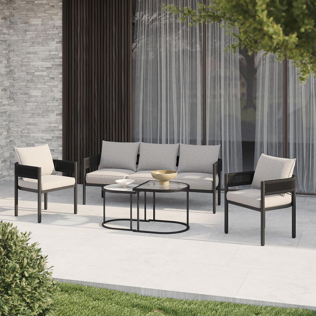 Gand Patio Outdoor 3-Seat Couch Sofa, Wicker Conversation Set with Thick Cushion for Porch, Garden, Yard, Beige