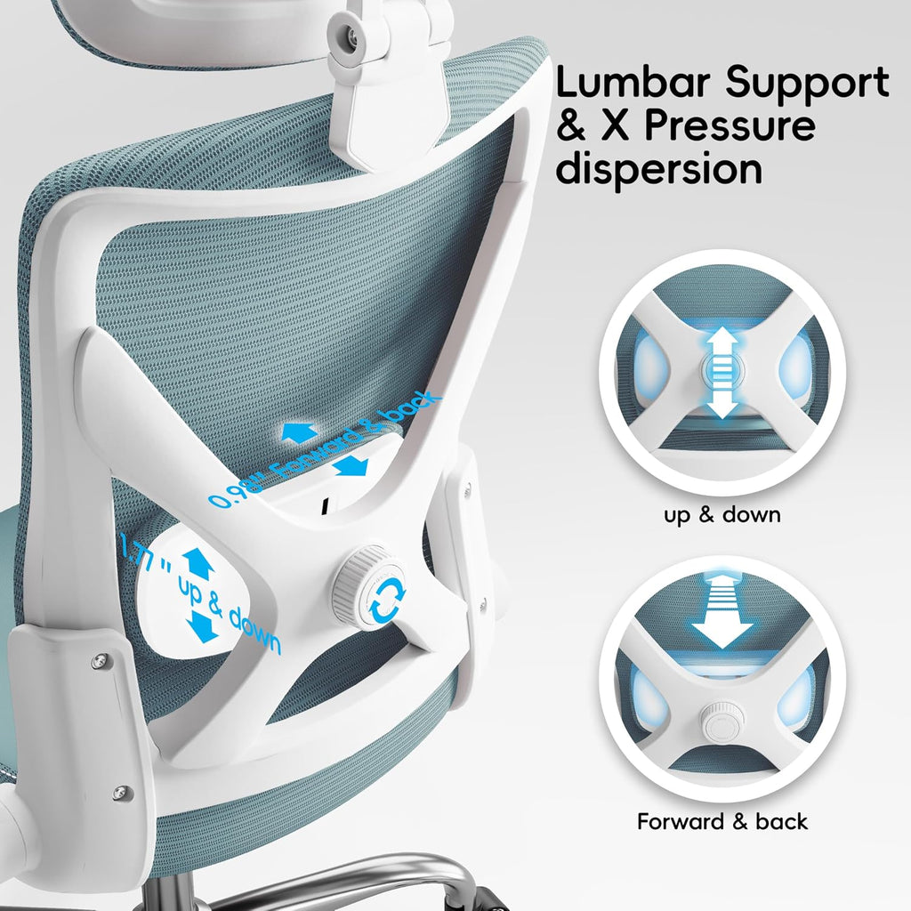 Ergalithic Office Home Ergonomic Desk Chair-Computer X-Shaped Chair Mesh PU Leather with Adjustable Lumbar Support-Executive Chair High Back with Headrest Flip-Up Arms for Long Hours (Sky Blue)