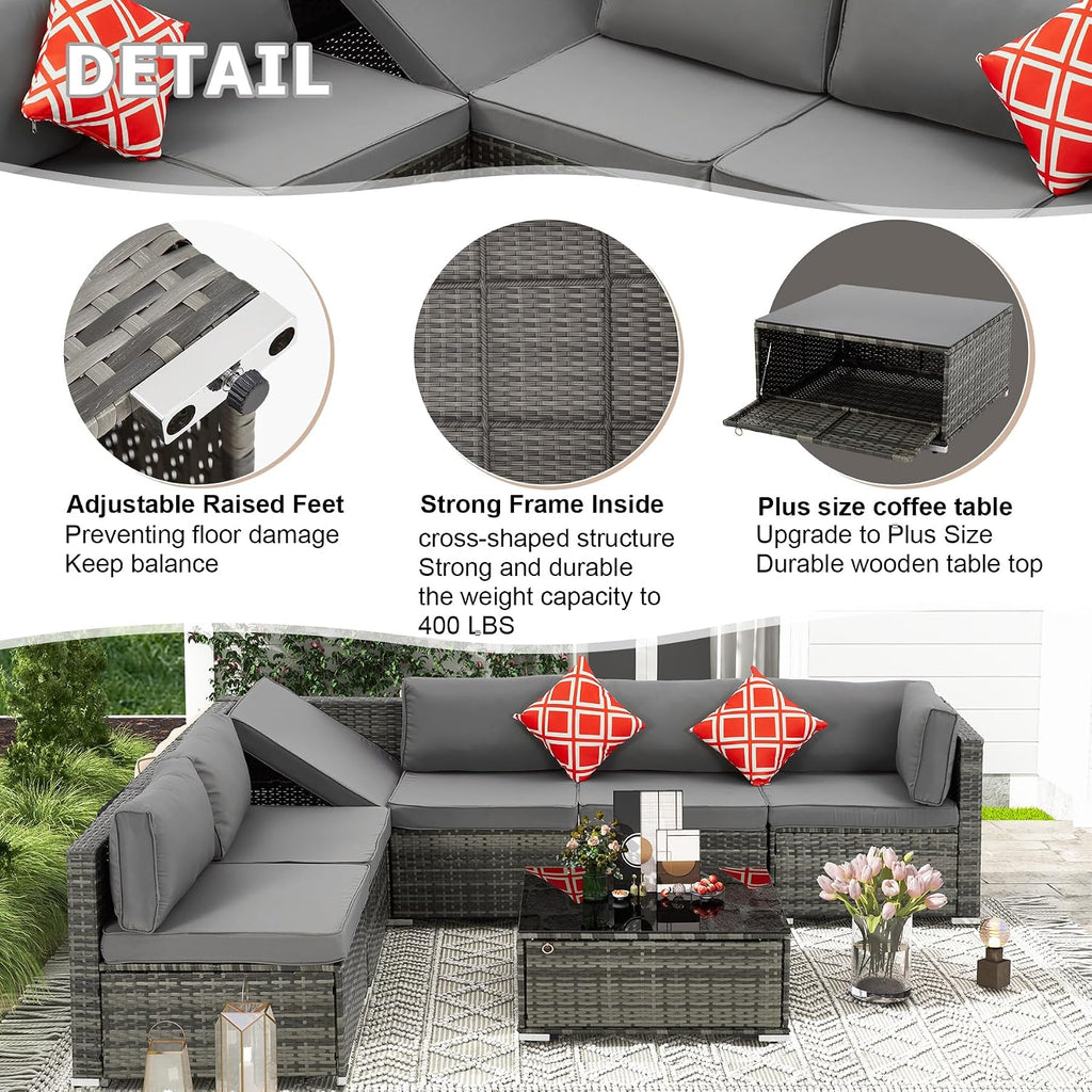 HOMREST 7 Piece Patio Furniture Set with Adjustable Bracket All-Weather Wicker Conversation Set with Coffee Table for Porch Garden Backyard (Gray)