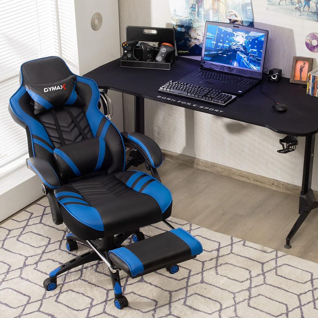 GYMAX Gaming Chair, Ergonomic Computer Chair with Footrest, Linkage Armrests & Lumbar Cushion, Big Wide High Back Video Gaming Chair, Reclining Office Rolling Chair for Adult/Teens (Blue)