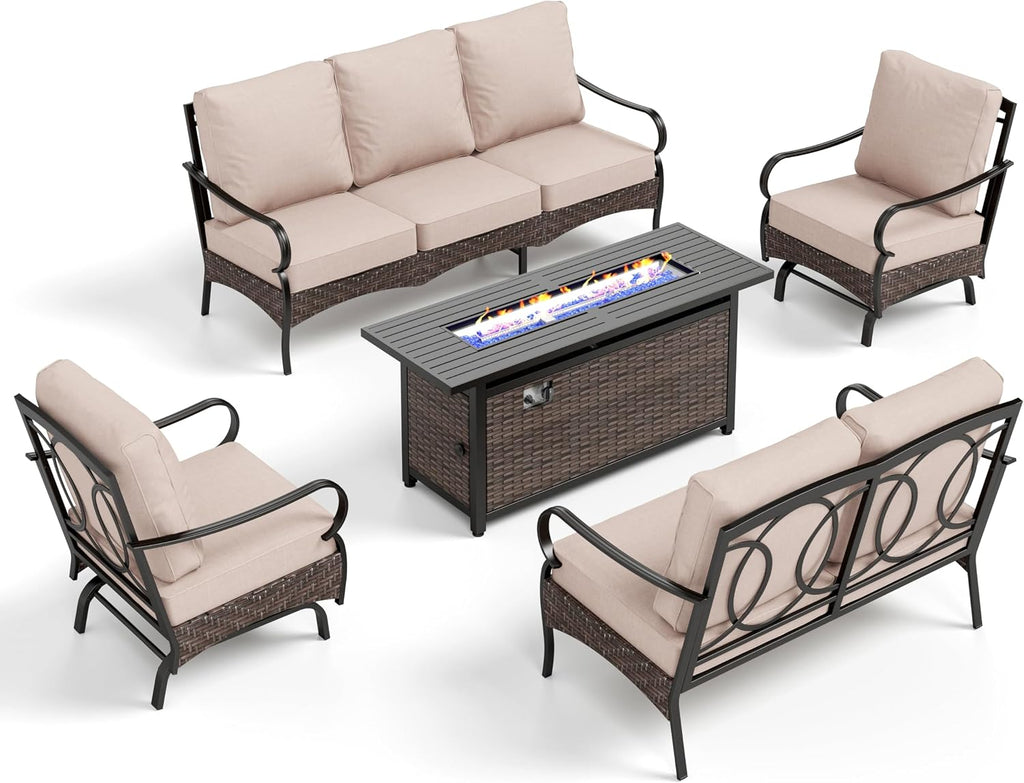 Patio Furniture Set with 56' Fire Pit Table, Premium Outdoor Wicker Metal Frame Furniture with Upgraded Waterproof Thick Cushions for Porch, Poolside, Deck, and Yard