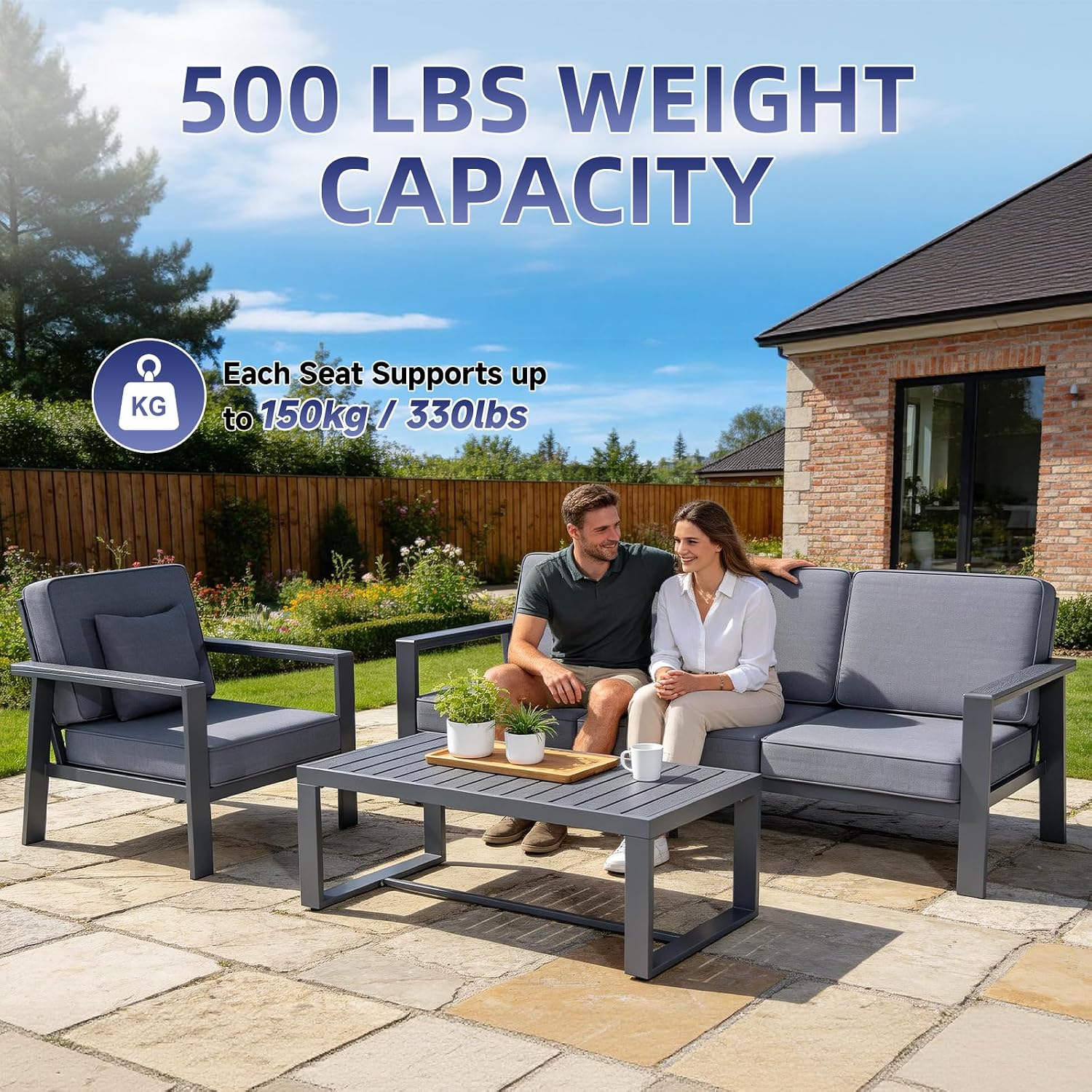 Premium Aluminum Patio Furniture Set 4 Piece,Outdoor Conversation Set with Wide Armrest,5' Thick Cushions, Olefin Fabric,Rustproof Metal Frame,Deep Seating Patio Sofa Set for Backyard,Deck,villa,Gray