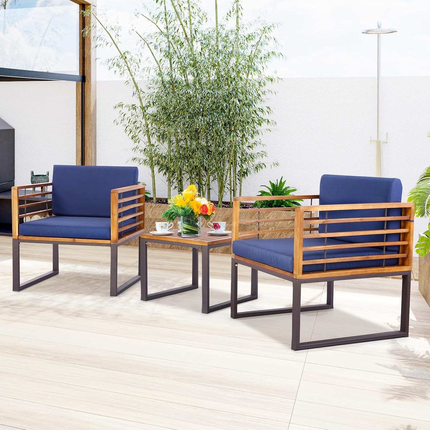 Tangkula 3 Pieces Acacia Wood Patio Bistro Set, Outdoor Conversation Set with Cushioned Armchairs and Square Coffee Table, Patio Furniture Set for Porch, Deck, Balcony