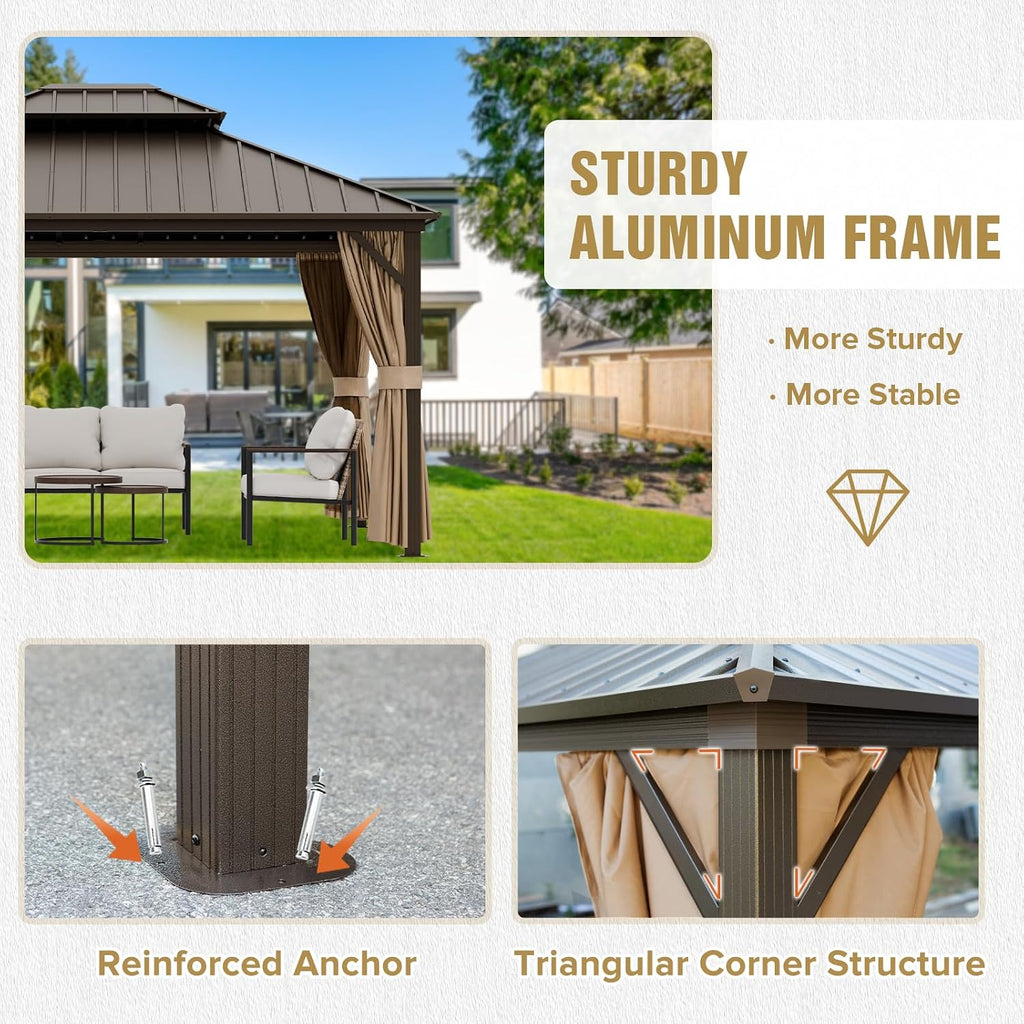 COOS BAY 12x10 Hardtop Gazebo with Aluminum Frame, Galvanized Steel Roof with UV Protection for Patio, Backyard, Garden, Outdoor Events, Dark Brown/Tan