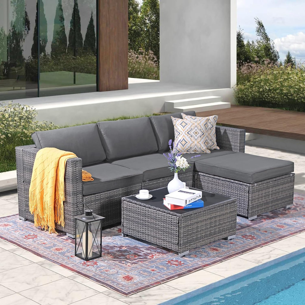 Patiorama 5 Piece Outdoor Patio Furniture Set, Outdoor Sectional Conversation Set, All-Weather Grey PE Wicker w/Dark Grey Cushions, Outdoor Backyard Porch Garden Poolside Balcony Furniture Set