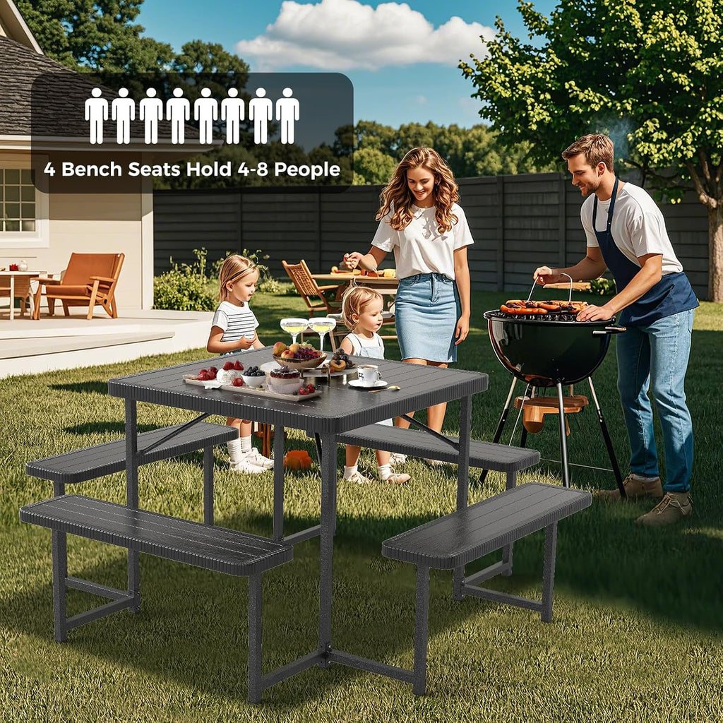 Giantex Picnic Table Bench Set for 4-8 People, 34' Outdoor Square Dining Table & 2 Benches w/Umbrella Hole, HDPE Tabletop, Metal Frame, Patio Camping Furniture for Backyard Porch Lawn (Black,Square)