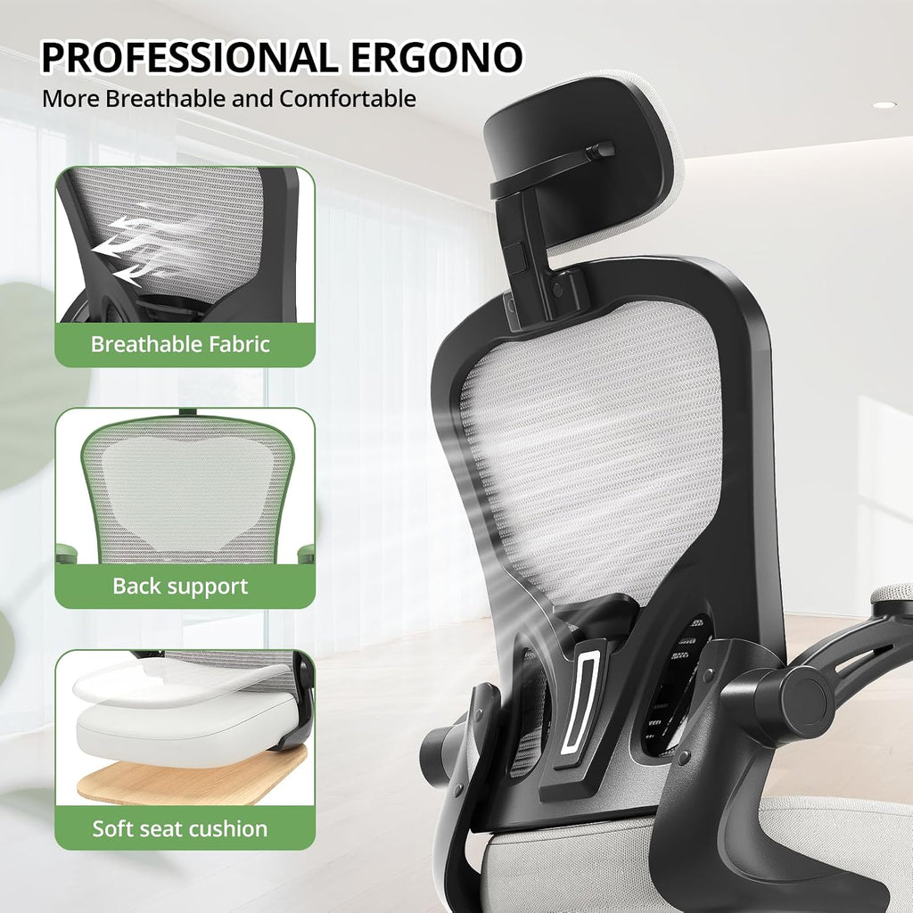 Synorla Office Chair Ergonomic Desk Chair, 330LBS Capacity, High Back Computer Design for Long Hours Comfort, Rolling Swivel Executive Task for Home Office with Flip-up Armrests, Black Grey