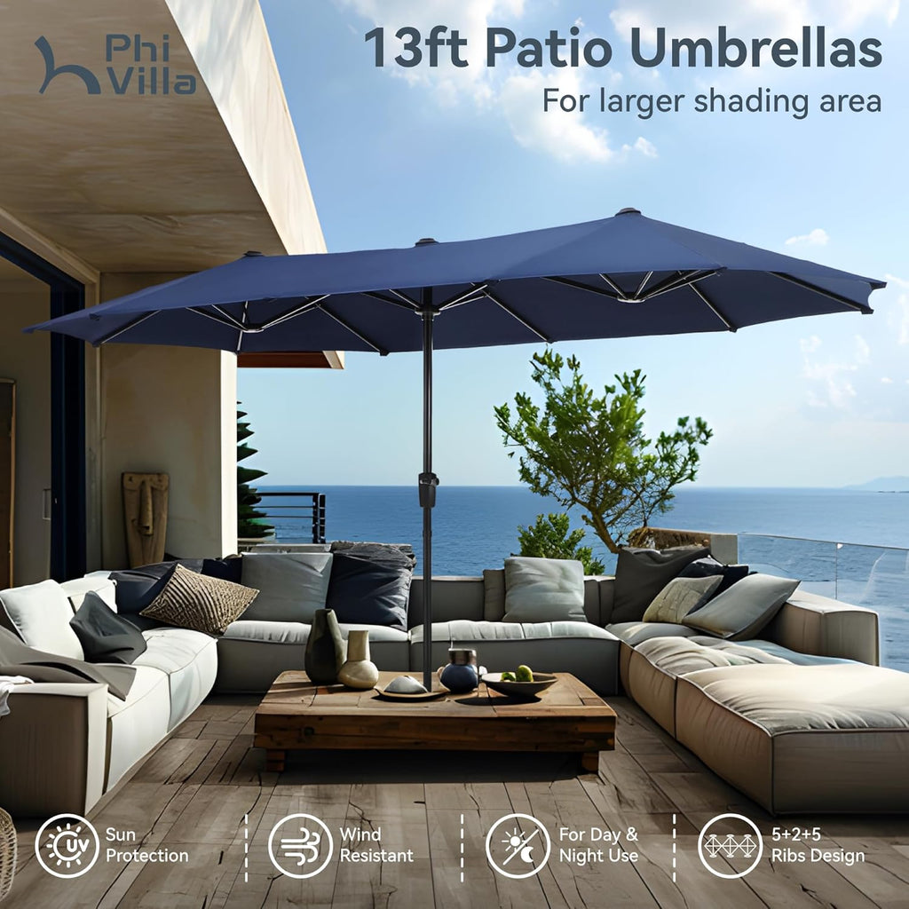 PHI VILLA Outdoor Patio Dining Set for 6 with Umbrella, Rectangle Patio Table and Chairs Set with 6 Adjustable Folding Patio Chairs(Black) & 13 Ft Blue Patio Umbrella