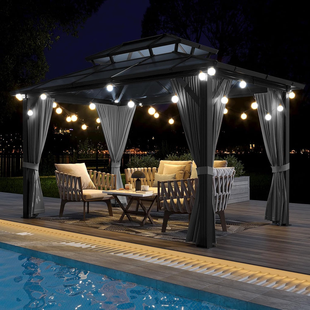 Hardtop Gazebo 10'x13' Double-Layer Polycarbonate Double Roof, Aluminum Frame Pavilion with Privacy Curtains and Netting All-Season for Patio, Garden, Hot Tub & Backyard