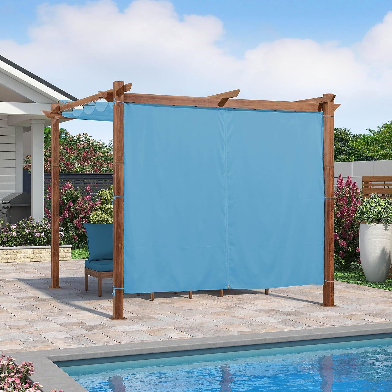 PURPLE LEAF 10' x 10' Pergola with Curtains Outdoor Retractable Pergola Patio Metal Shelter for Garden Porch Natural Wood Grain Frame Gazebo Modern Yard Grill Pergolas with Shade Canopy Turquoise Blue