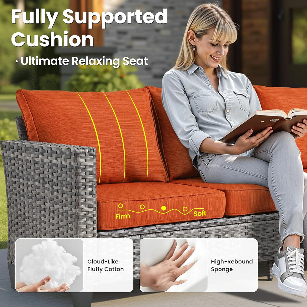 ovios 4 Pieces Patio Furniture Set Outdoor Sofa Couch with Solar Lights Table Comfy Cushions, Modern Deep Seat Wicker Rattan Conversation Set for Porch Deck, Orange Red