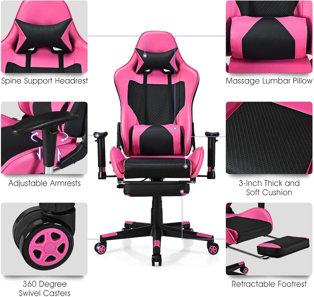 Giantex Massage Gaming Chair Pink, Ergonomic Video Game Chair with Footrest, High Back E-Sport Computer Chair with Headrest & Massager Lumbar Support, PU Leather Gaming Seat
