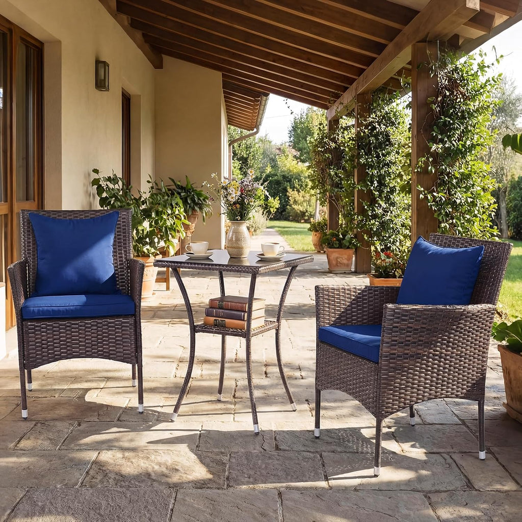 Tangkula 3 Pieces Patio Wicker Bistro Set, 2 Rattan Chairs w/ 2-Tier Tempered Glass Table, Outdoor Conversation Furniture Set with Cushions for Backyard, Porch, Poolside (Mix Brown+Navy)