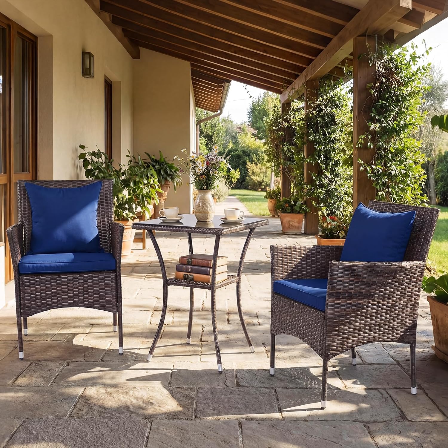 Tangkula 3 Pieces Patio Wicker Bistro Set, 2 Rattan Chairs w/ 2-Tier Tempered Glass Table, Outdoor Conversation Furniture Set with Cushions for Backyard, Porch, Poolside (Mix Brown+Navy)