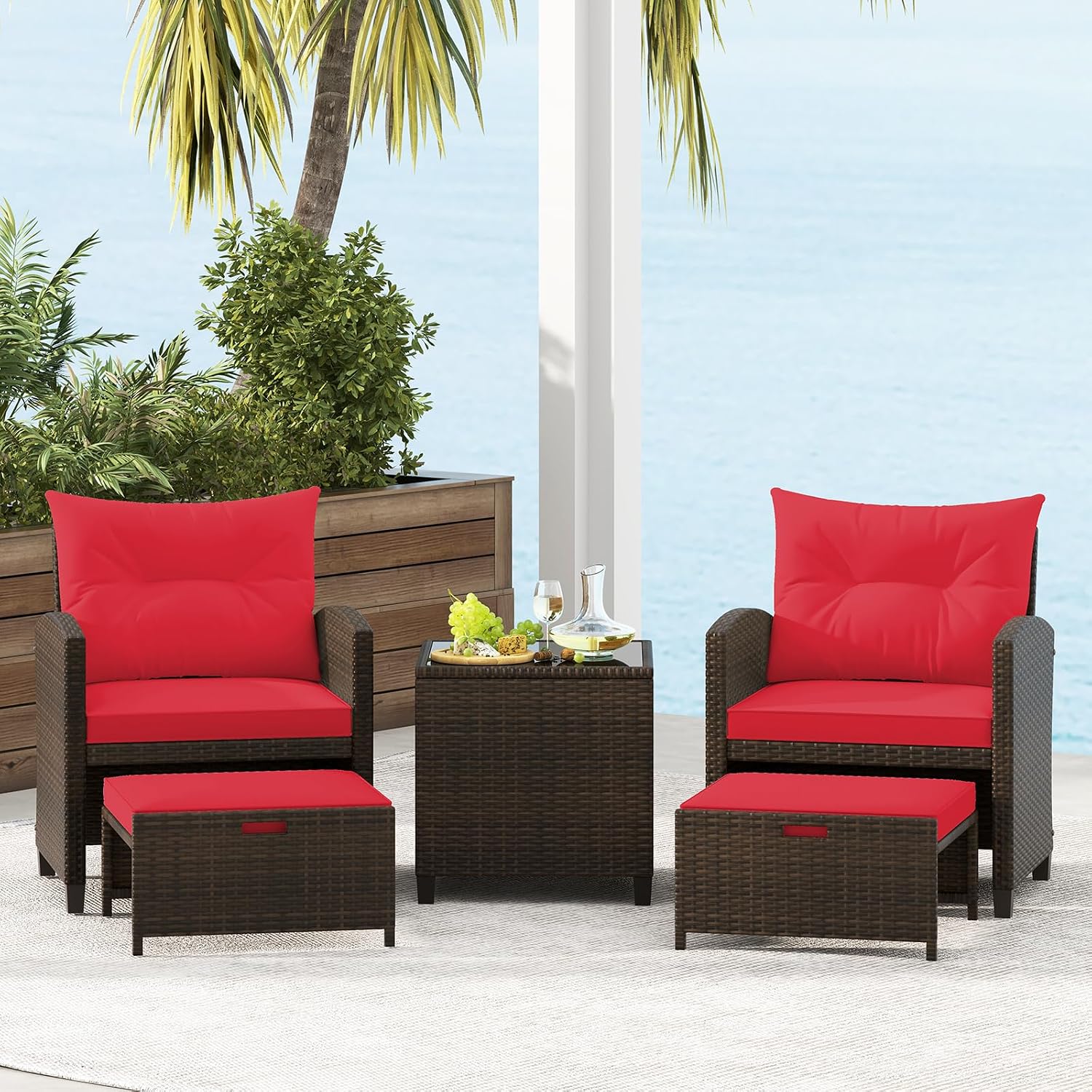 KOTEK 5 Pieces Patio Furniture Set with Ottomans, Wicker Patio Conversation Set with Coffee Table & Cushions, PE Rattan Outdoor Lounge Chairs for Backyard, Porch, Poolside (Mix Brown- Red)