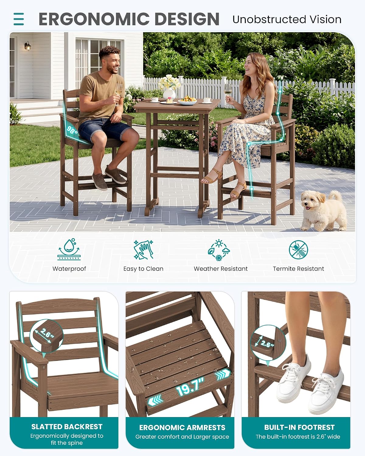 SERWALL 5 Pieces Adirondack Bar Chairs Set with Bar Table, HDPE Outdoor Barstool Set, Brown