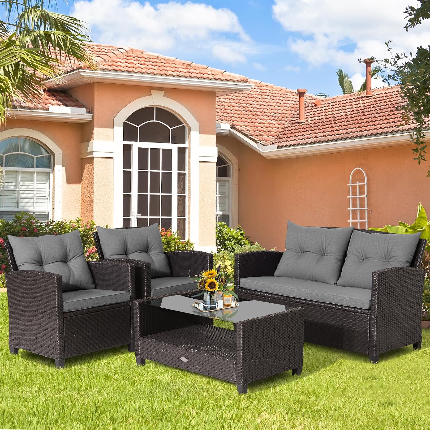 Tangkula 4-Piece Outdoor Rattan Furniture Set, PE Rattan Wicker Sectional Sofa with Loveseat Chair & Glass Table, Patio Cushioned Conversation Sets for Backyard Porch Garden Poolside (1, Gray)