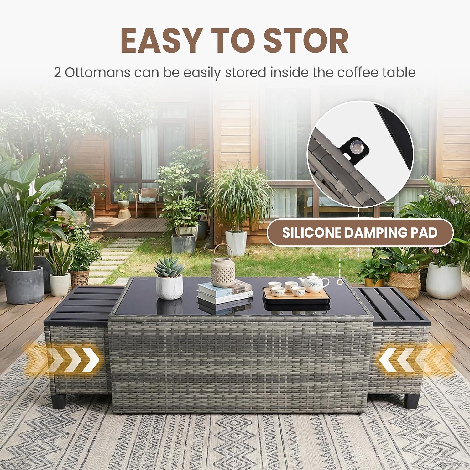 FHFO 7 Piece Patio Furniture Set, Outdoor Sectional Furniture Wicker Conversation Sofa Set, Includes 3-Seater Sofa, Loveseat, Single Sofa, Tempered Glass Coffee Table, Ottoman (Grey/Blue)