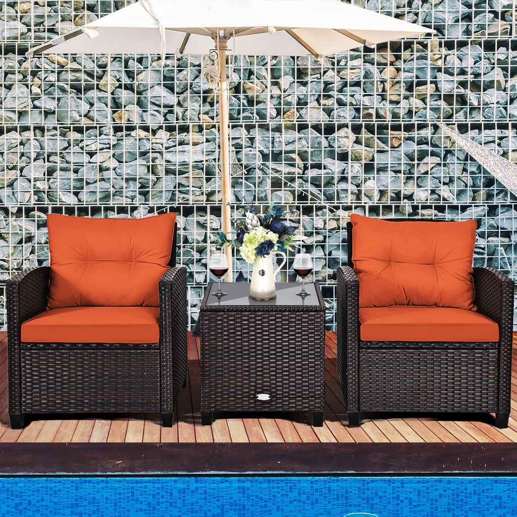 RELAX4LIFE 3 Piece Patio Furniture Set, Wicker Bistro Conversation Set w/2 Cushioned Armchairs & Glass Topped Table, Outdoor Rattan Sofa Set Patio Furniture for Porch Balcony Poolside (Orange)