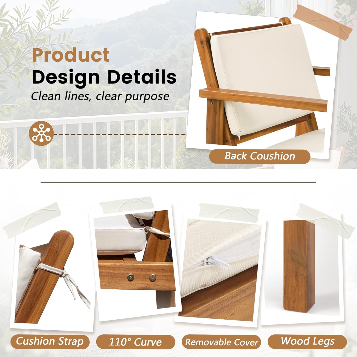 Flamaker Patio Chairs 3 Piece Acacia Wood Patio Furniture with Coffee Table & Cushions Outdoor Conversation Set Balcony Chairs for Porch, Deck, Backyard