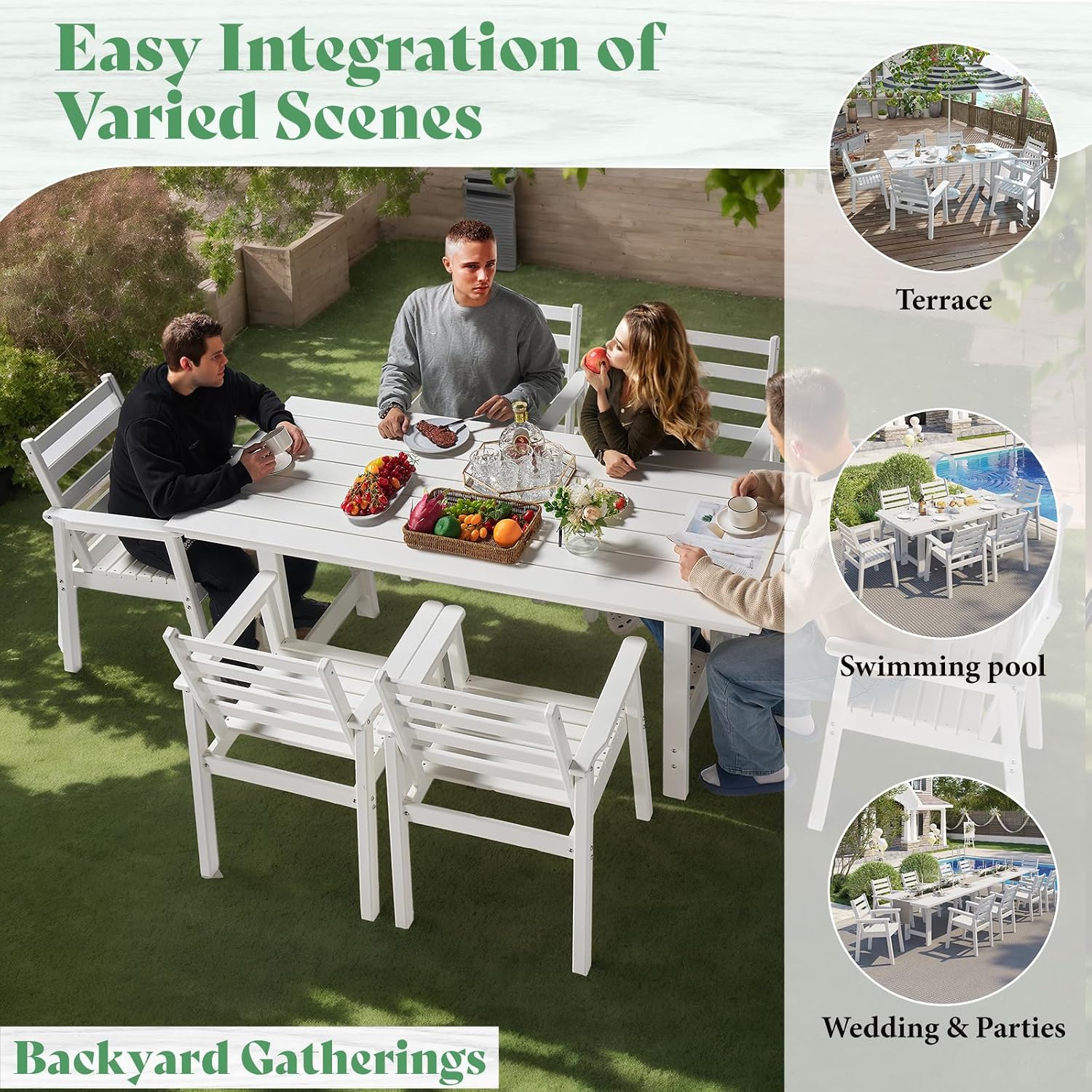 AMERLIFE Patio Dining Sets for 12 Person, HDPE Dining Set with 2 Tables, 12 Dining Chairs and Umbrella Hole for Backyard, Poolside, Porch, Seaside, White