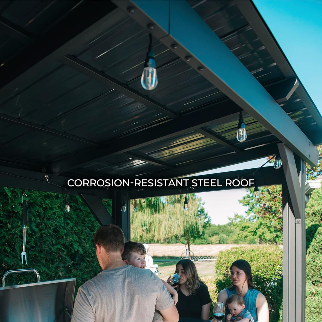 Backyard Discovery Rockport XL 12' x 6' Galvanized Steel BBQ Grill Gazebo Pavilion with Hardtop Steel Roof, Bar Tops, Powerport, Snow Support, Wind Resistance, Cook Station for Outdoor Patio or Deck