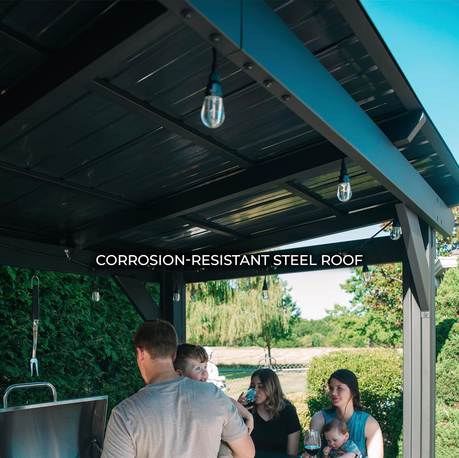 Backyard Discovery Rockport XL 12' x 6' Galvanized Steel BBQ Grill Gazebo Pavilion with Hardtop Steel Roof, Bar Tops, Powerport, Snow Support, Wind Resistance, Cook Station for Outdoor Patio or Deck